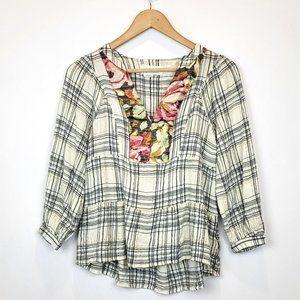 Anthropologie Darlene Plaid Peasant Top, Metallic Floral Trim, Size XS, EUC